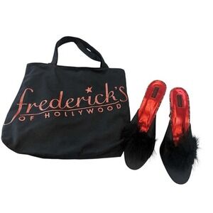 Fredricks of Hollywood Black Furry 4" Pep Toe Heels & Black Logo Bag Sz XL(11-12